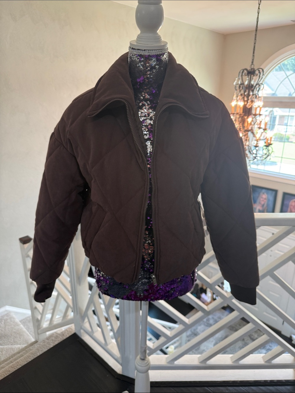 Women's Quilted Bomber Jacket in Brown